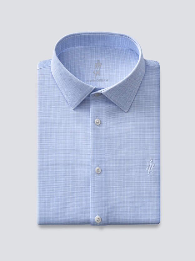 Mist Blue Check Silk Short-Sleeve Stretch Shirt
