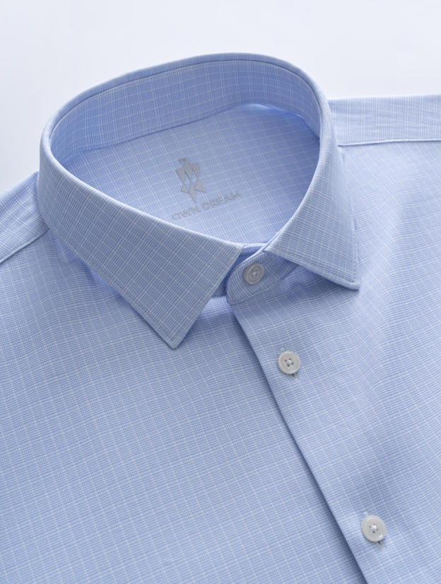 Mist Blue Check Silk Short-Sleeve Stretch Shirt