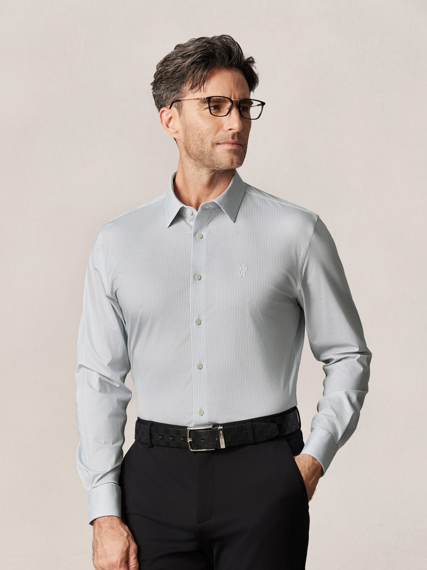 Mist Gray Stripe Pima Cotton High-Stretch Dress Shirt-Own Dream Shirts-Dress Shirts for Men