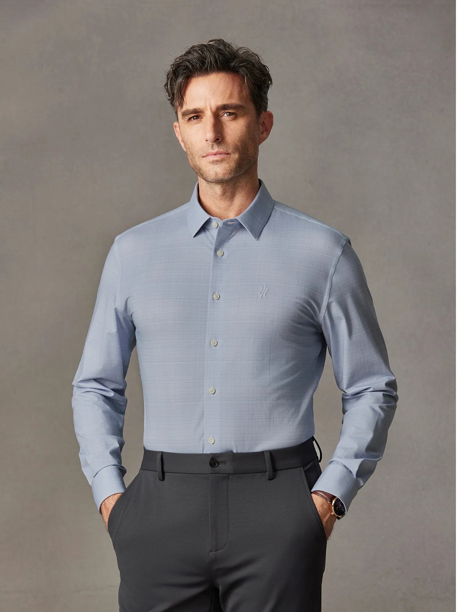 Mist Grey Stretch Mulberry Silk Dress Shirt