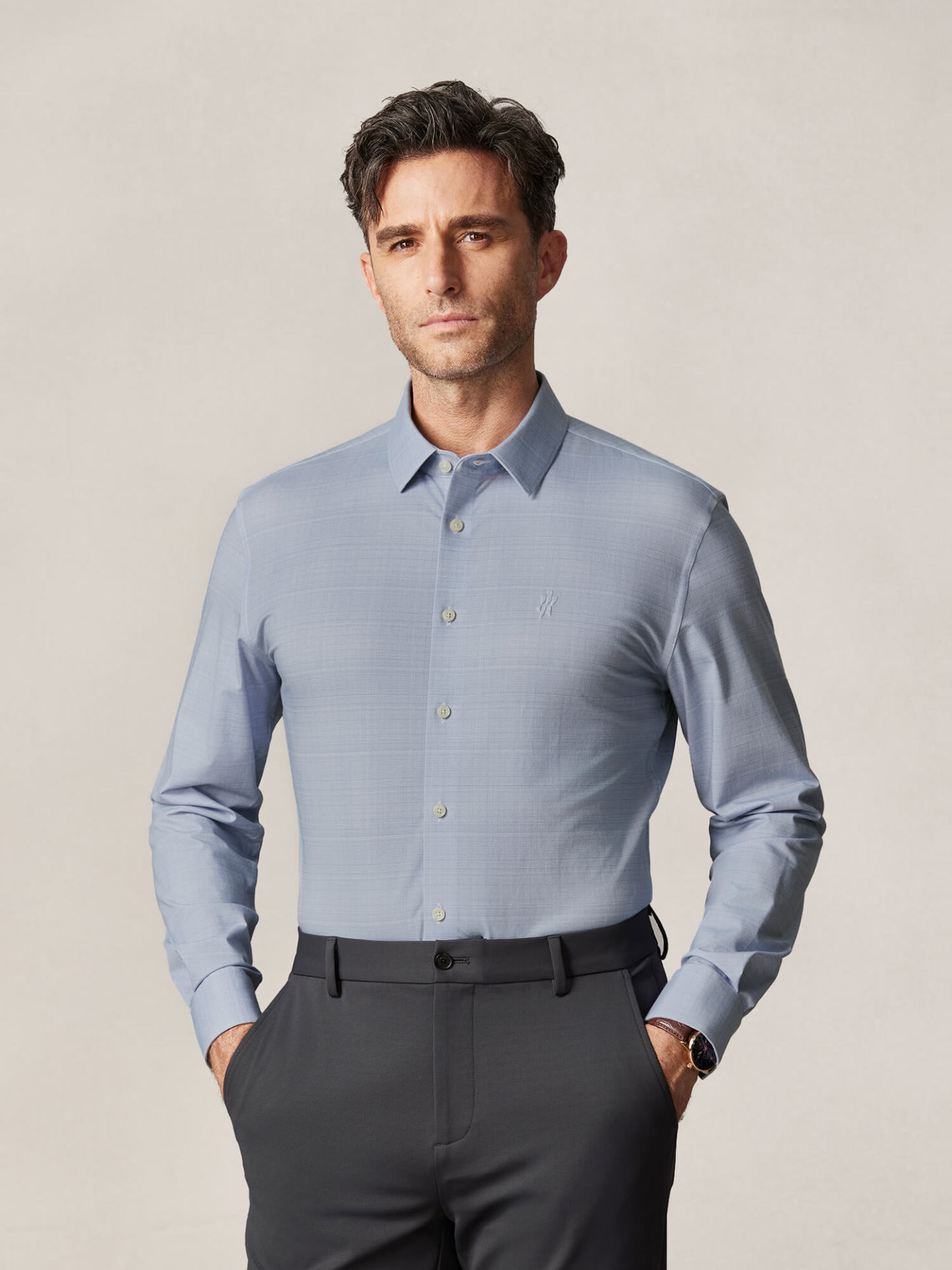 Mist Grey Cloudweave Pima Cotton High-Stretch Mulberry Silk Dress Shirt-Own Dream Shirts-Dress Shirts for Men