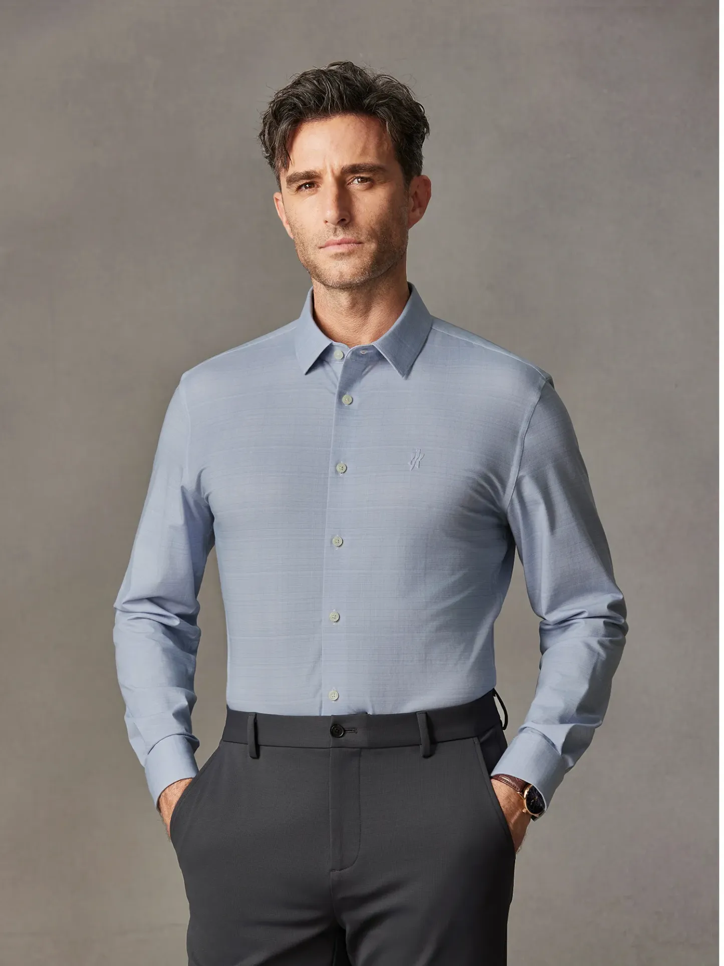 Mist Grey Stretch Mulberry Silk Dress Shirt