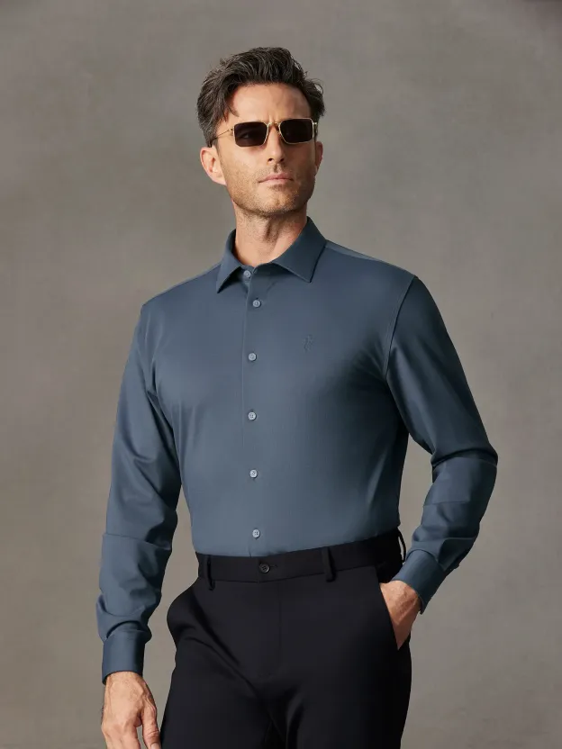 Deep Sea Blue Wool Check High-Stretch Shirt
