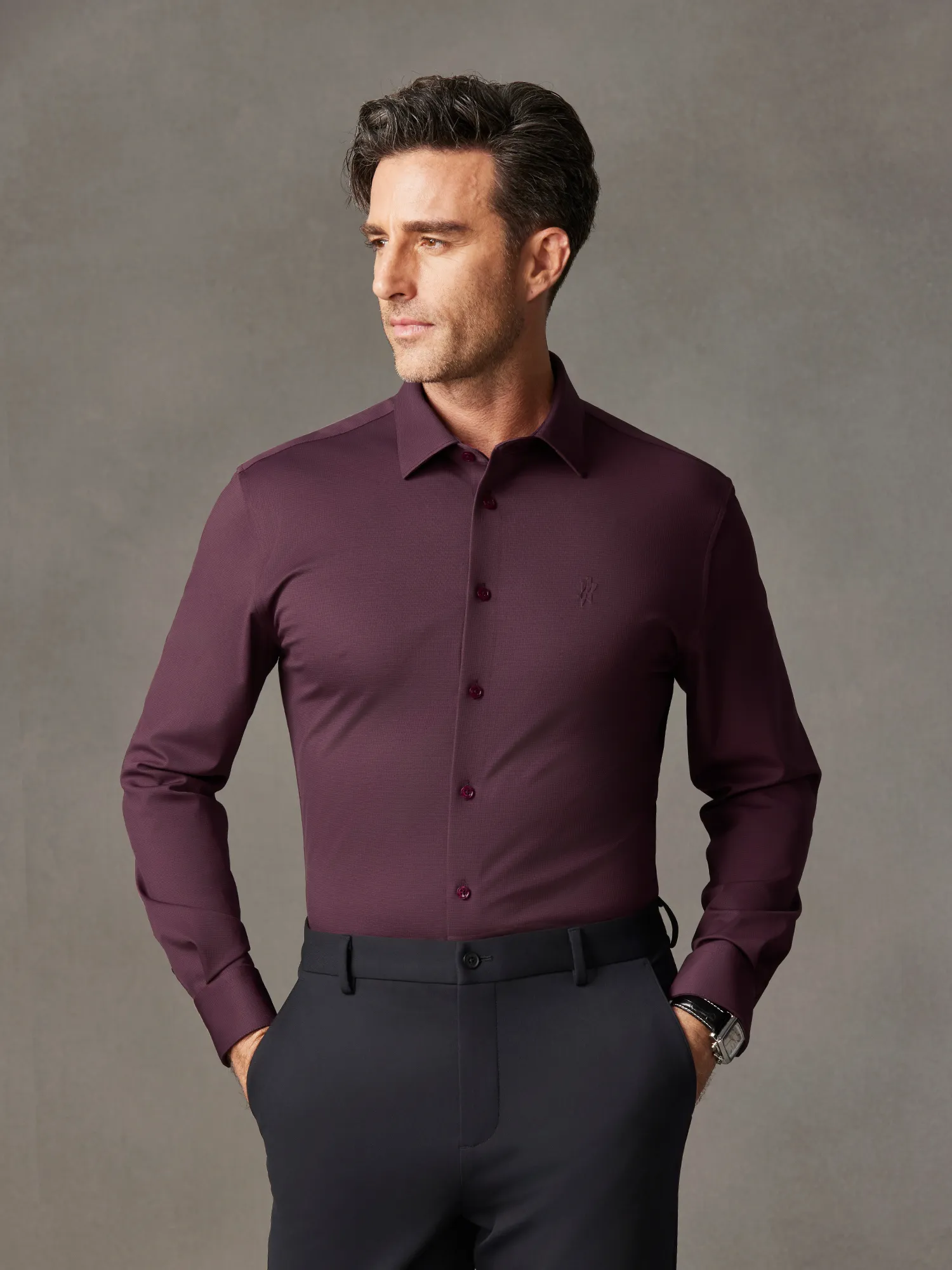 Burgundy Wool Check High-Stretch Shirt