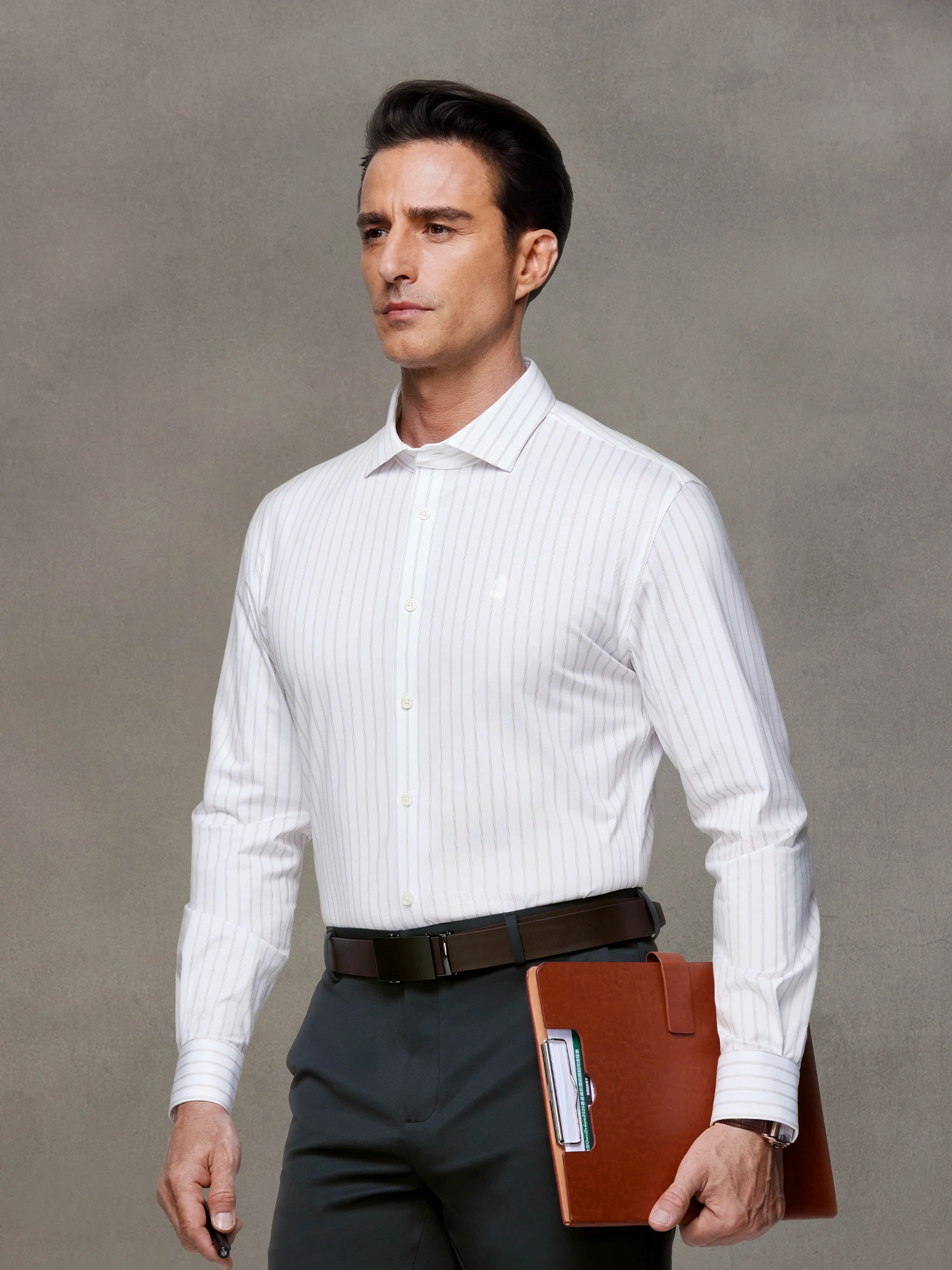 White Oak Ring Mocha Stripe Stretch Shirt