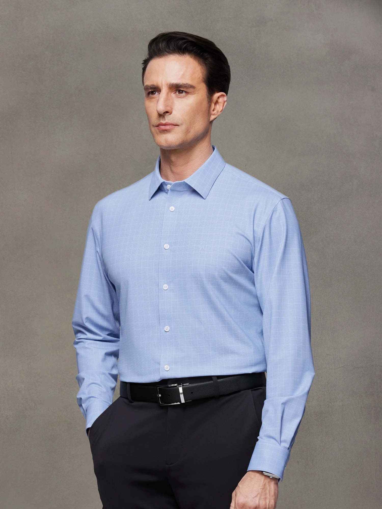 Light Blue Plaid Stretch Shirt