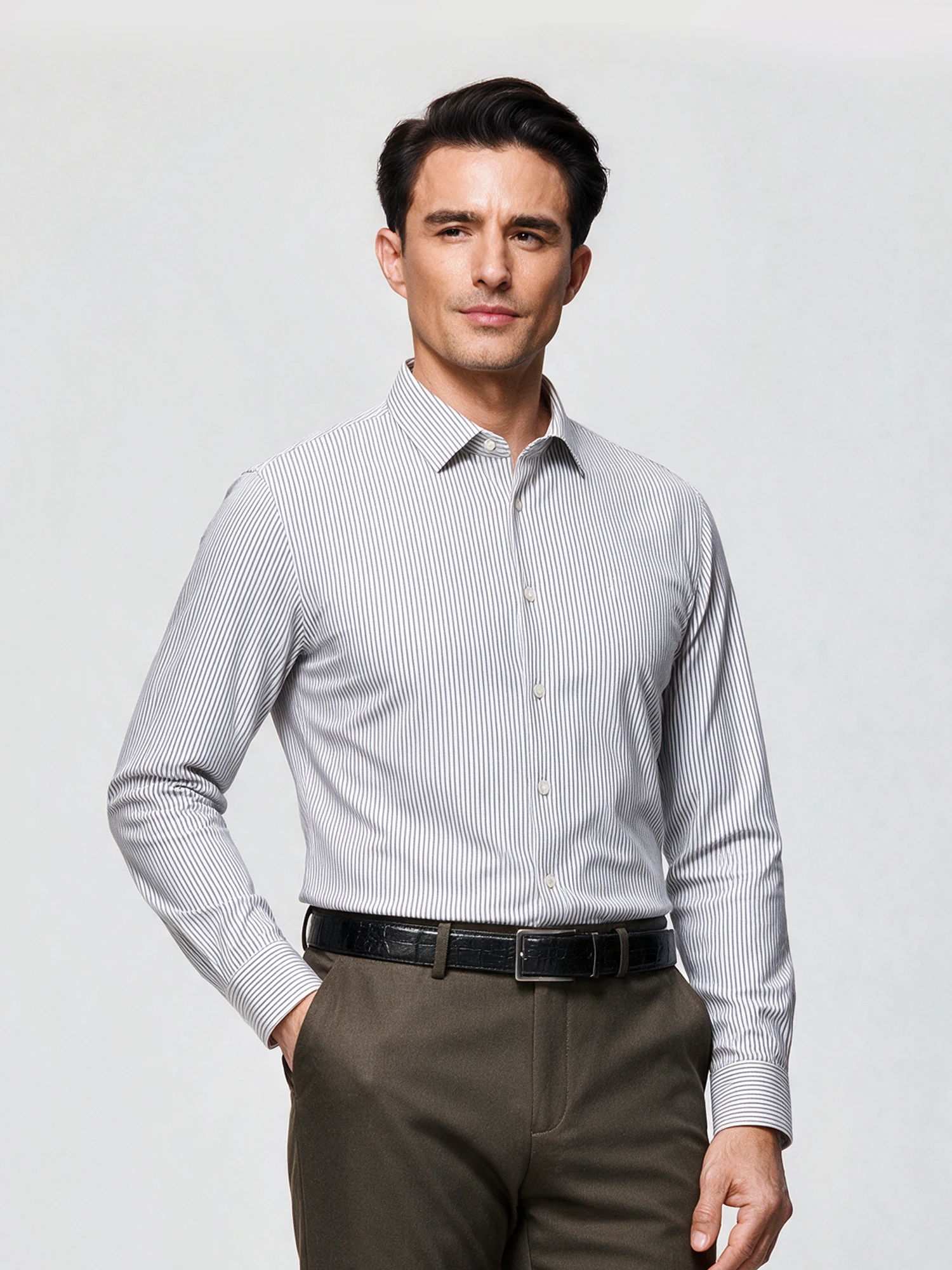 Breathable Stone Gray Stripe Stretch Shirt