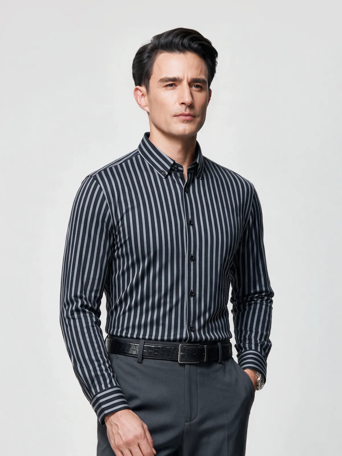 Deep Navy Stripe Stretch Shirt