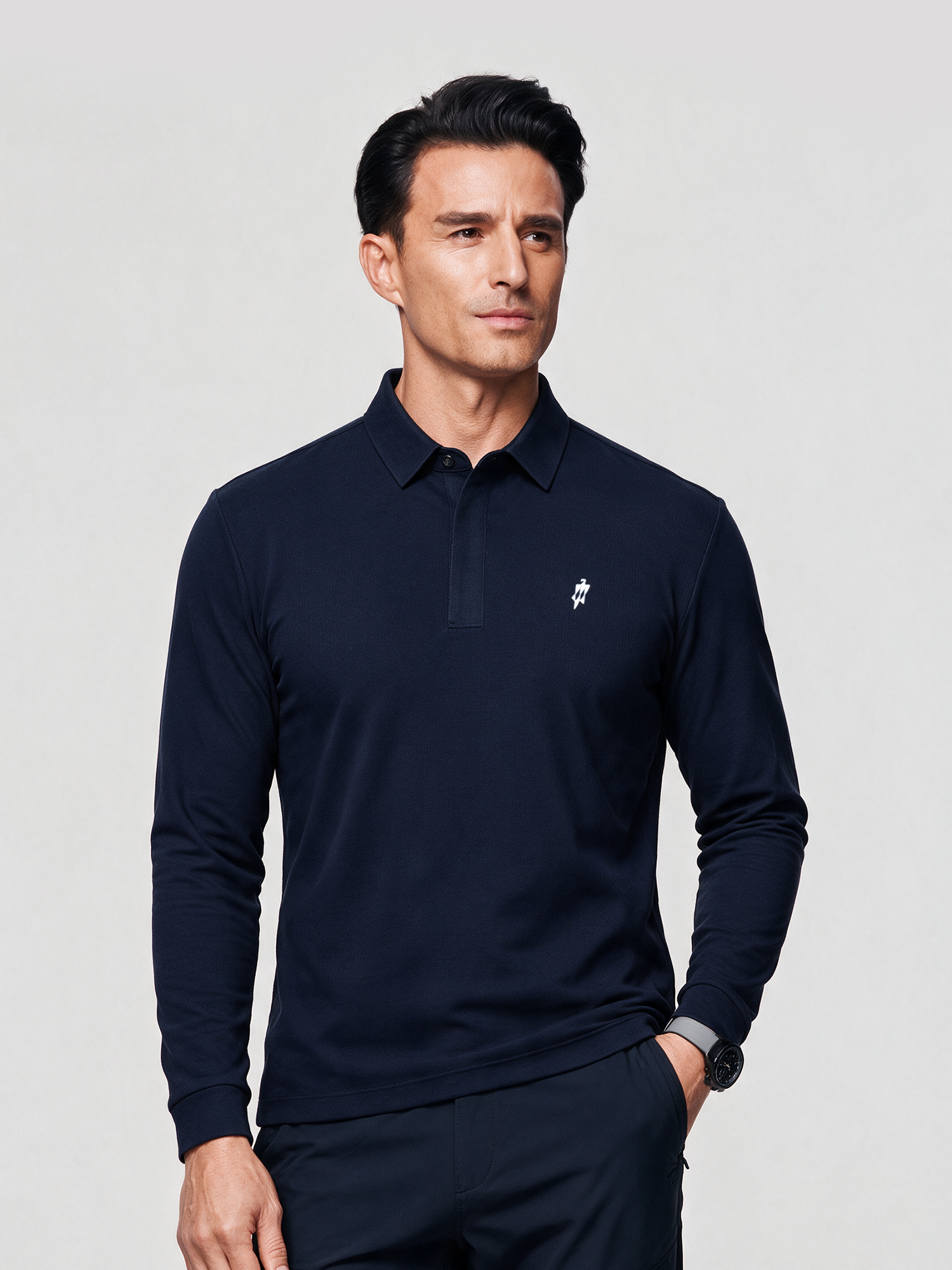 Deep Navy Long-Sleeve Stretch Polo