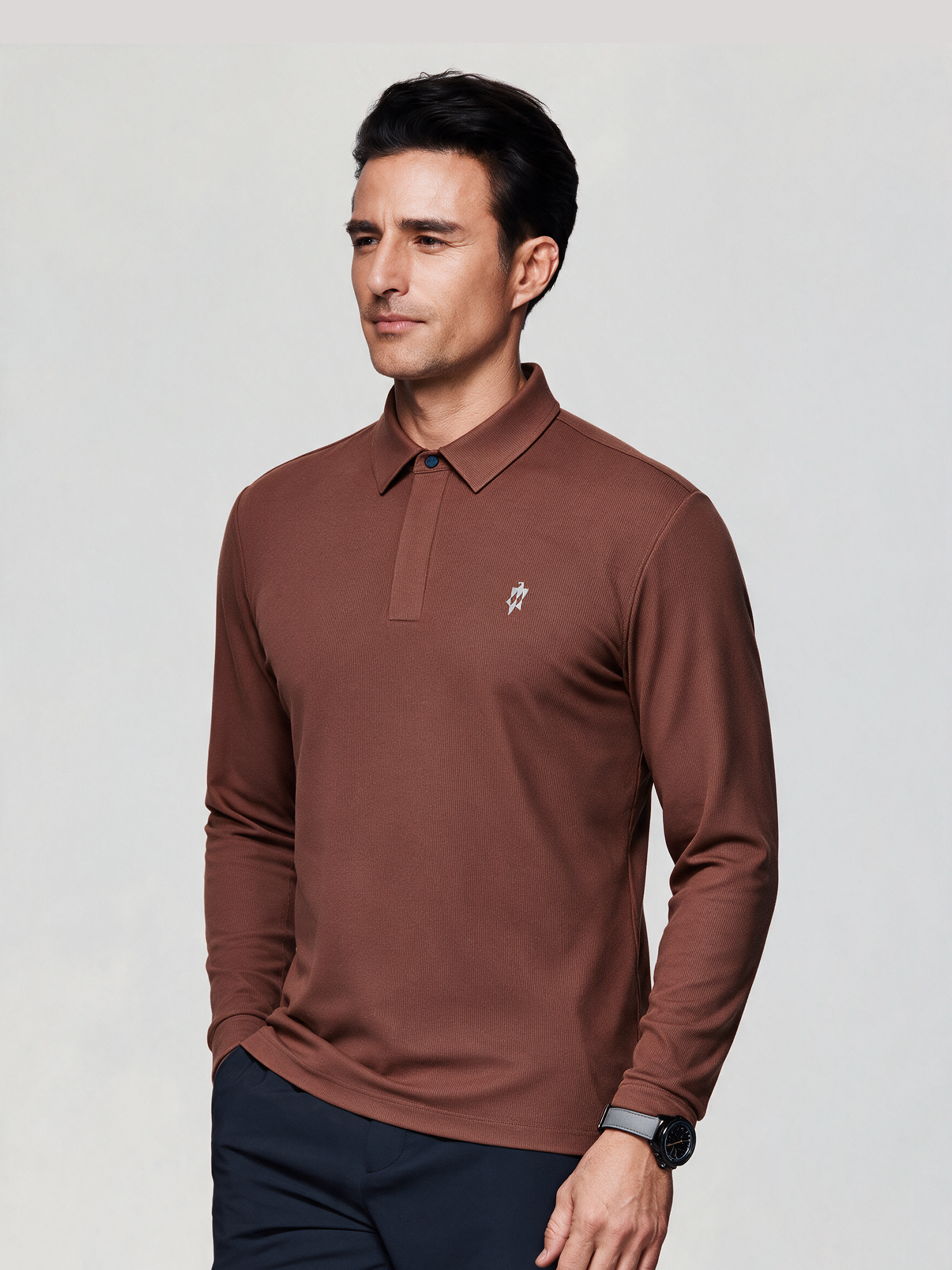 Oak Brown Long-Sleeve Stretch Polo