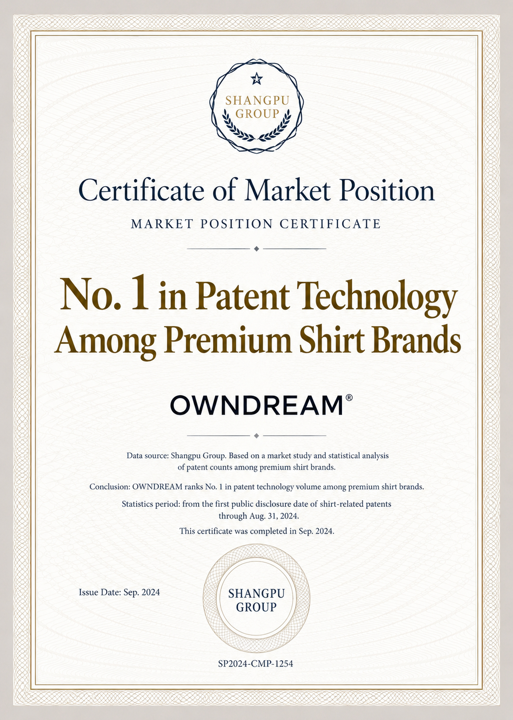 Updated OWNDREAM certificate for No. 1 in patent technology volume among premium shirt brands