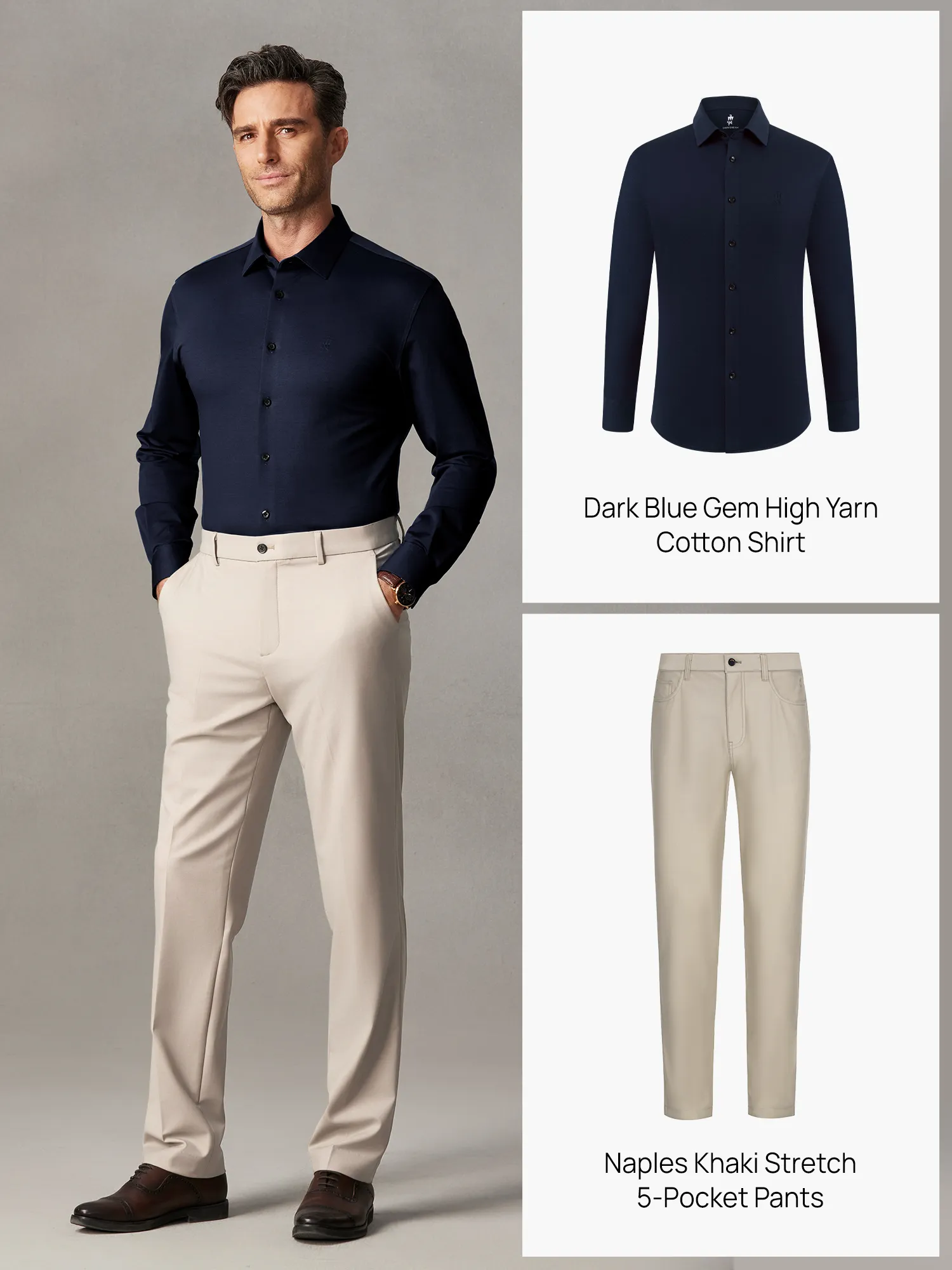 Classic Navy Stretch Shirt & Naples Khaki Stretch Pants Set