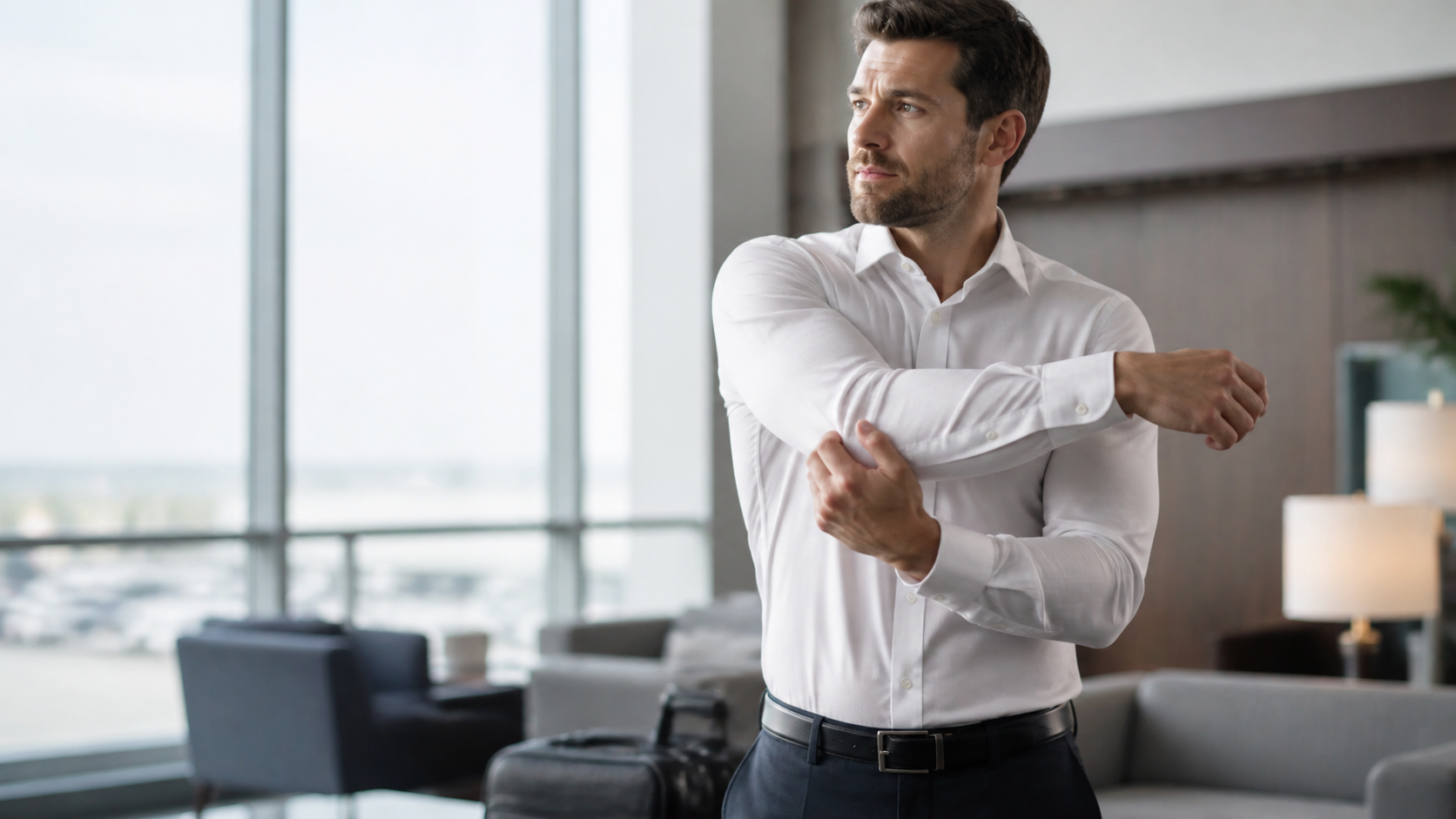 Business traveler testing the movement of a white performance shirt