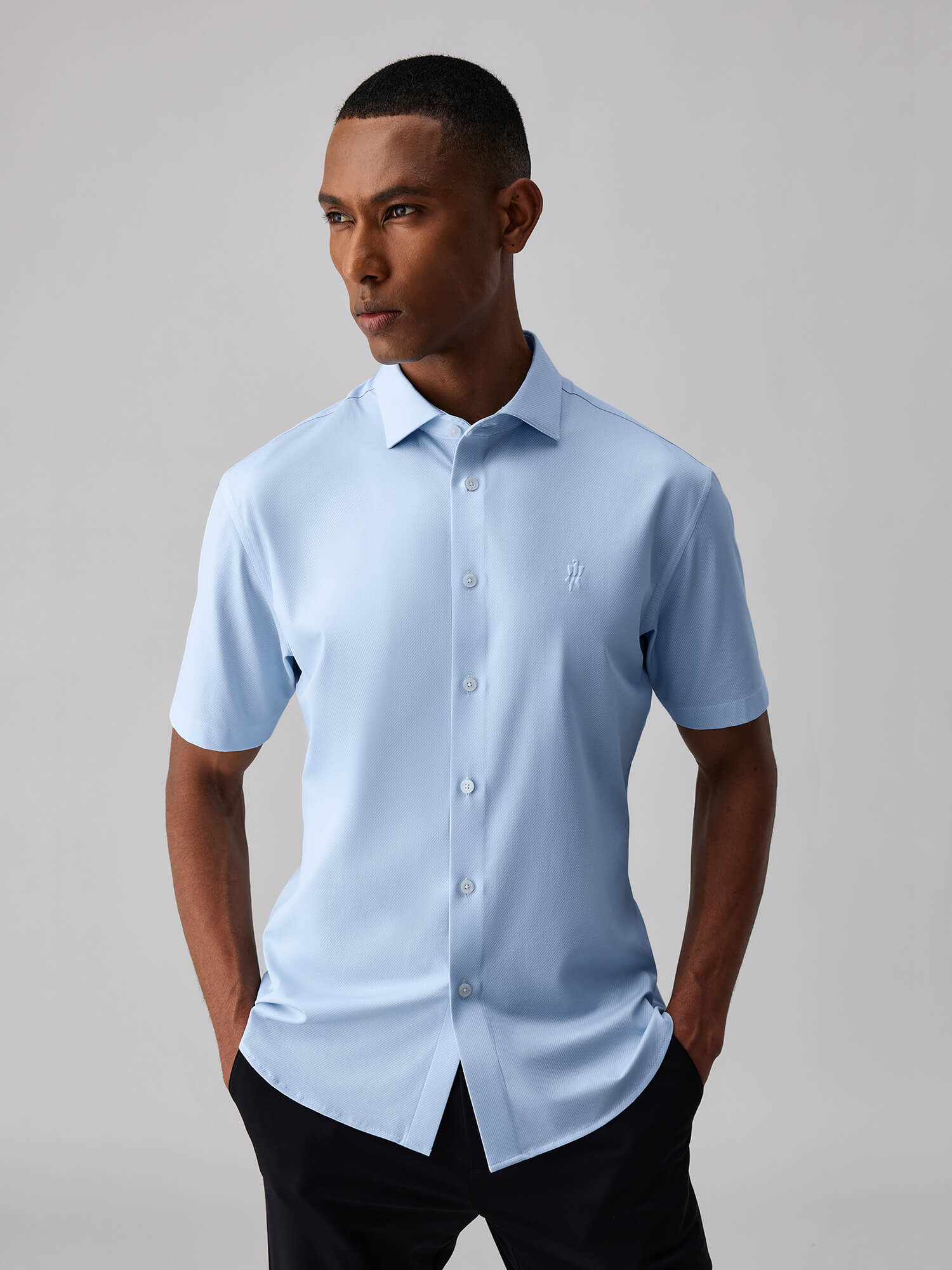 Jade Blue Silk High-Stretch Short-Sleeve Shirt