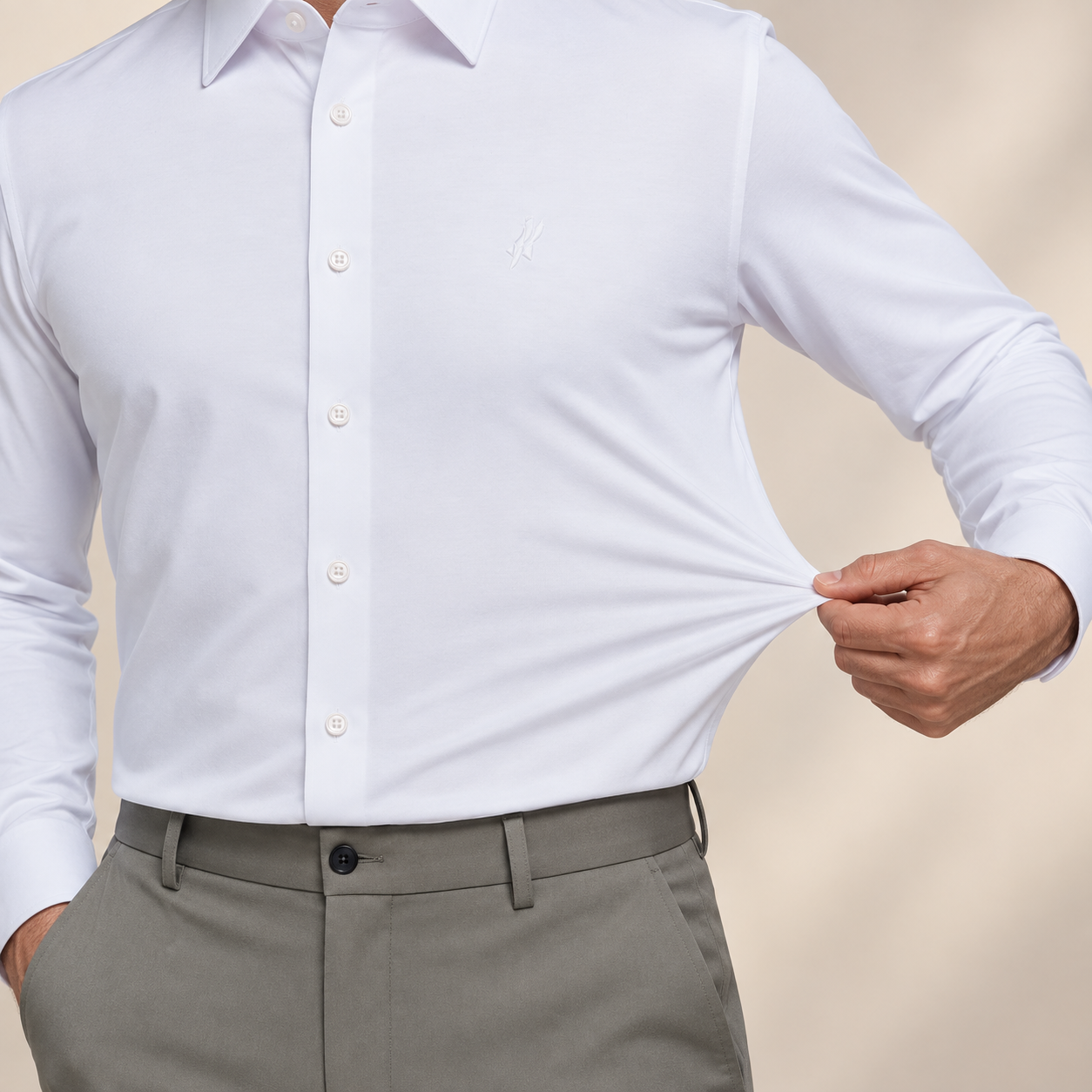 Creative illustration of a hand pulling white shirt fabric outward