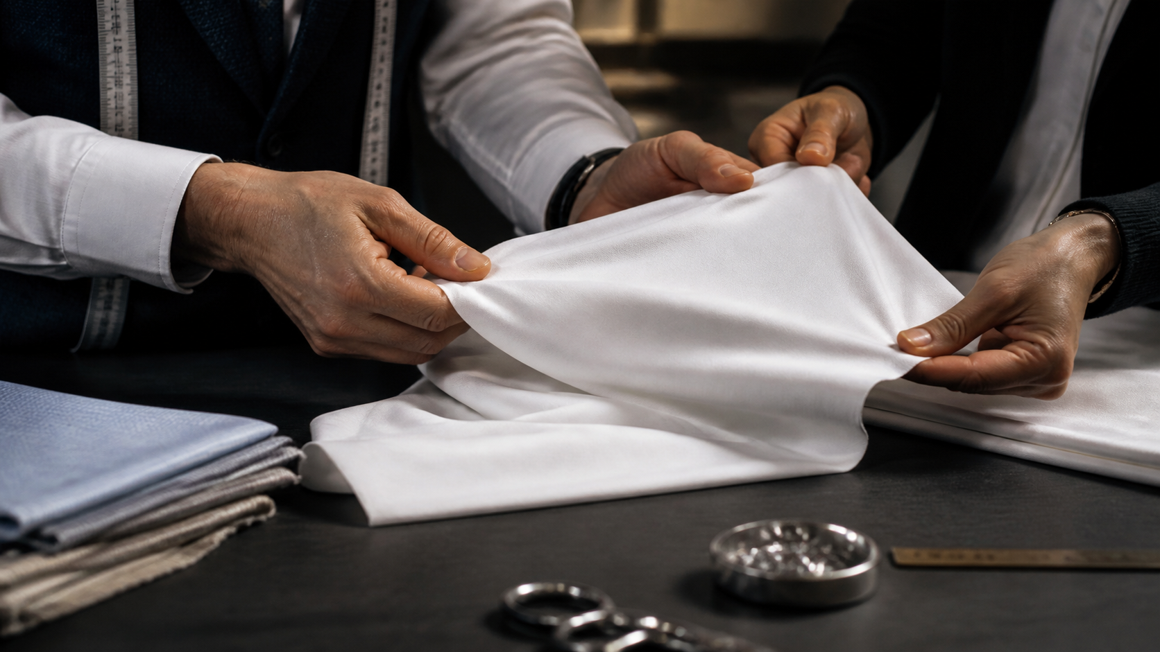 Tailor and textile specialist examining premium stretch shirting