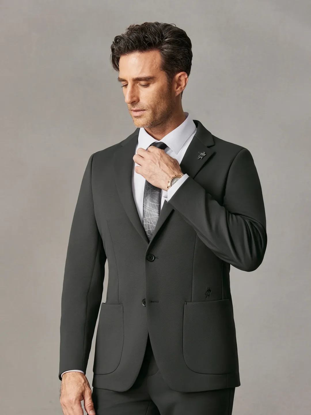 Close view of lapel and jacket front