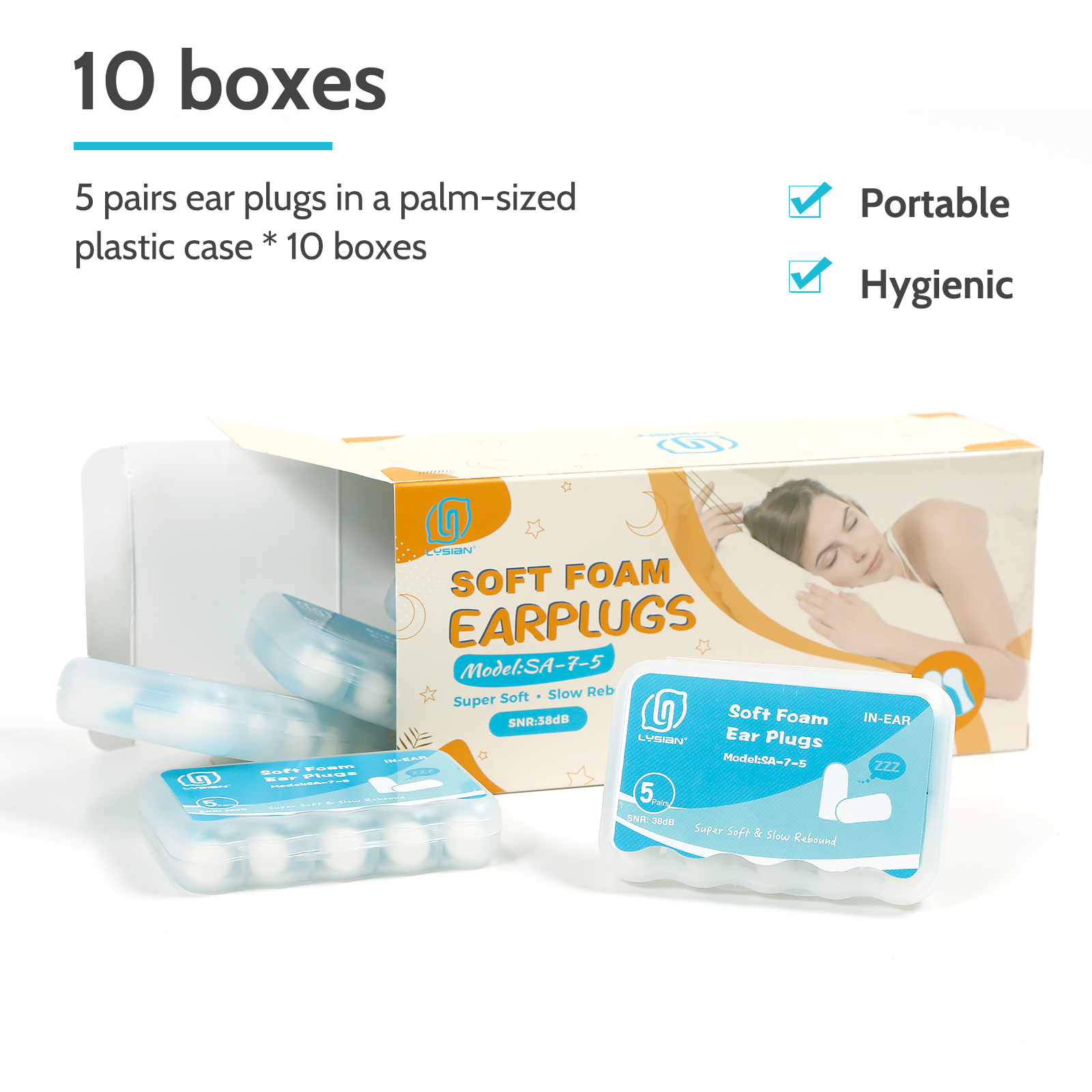 LYSIAN Ultra Soft Foam Ear Plugs for Sleeping Noise Cancelling -10 Box Value Pack - 38dB Noise Reduction Earplug for Sleep,Snoring, Work, Plane Loud Noise, Sky White Blue