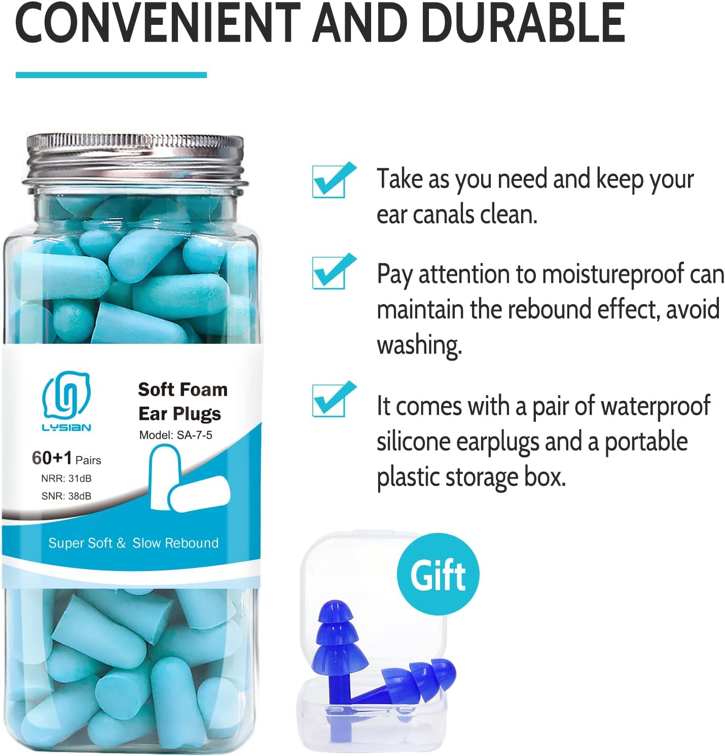 Ultra Soft Foam Earplugs 60 Pairs, 38dB SNR Noise Reduction Ear Plugs for Sleeping, Snoring, Work, Travel, Shooting and All Loud Events, Lysian