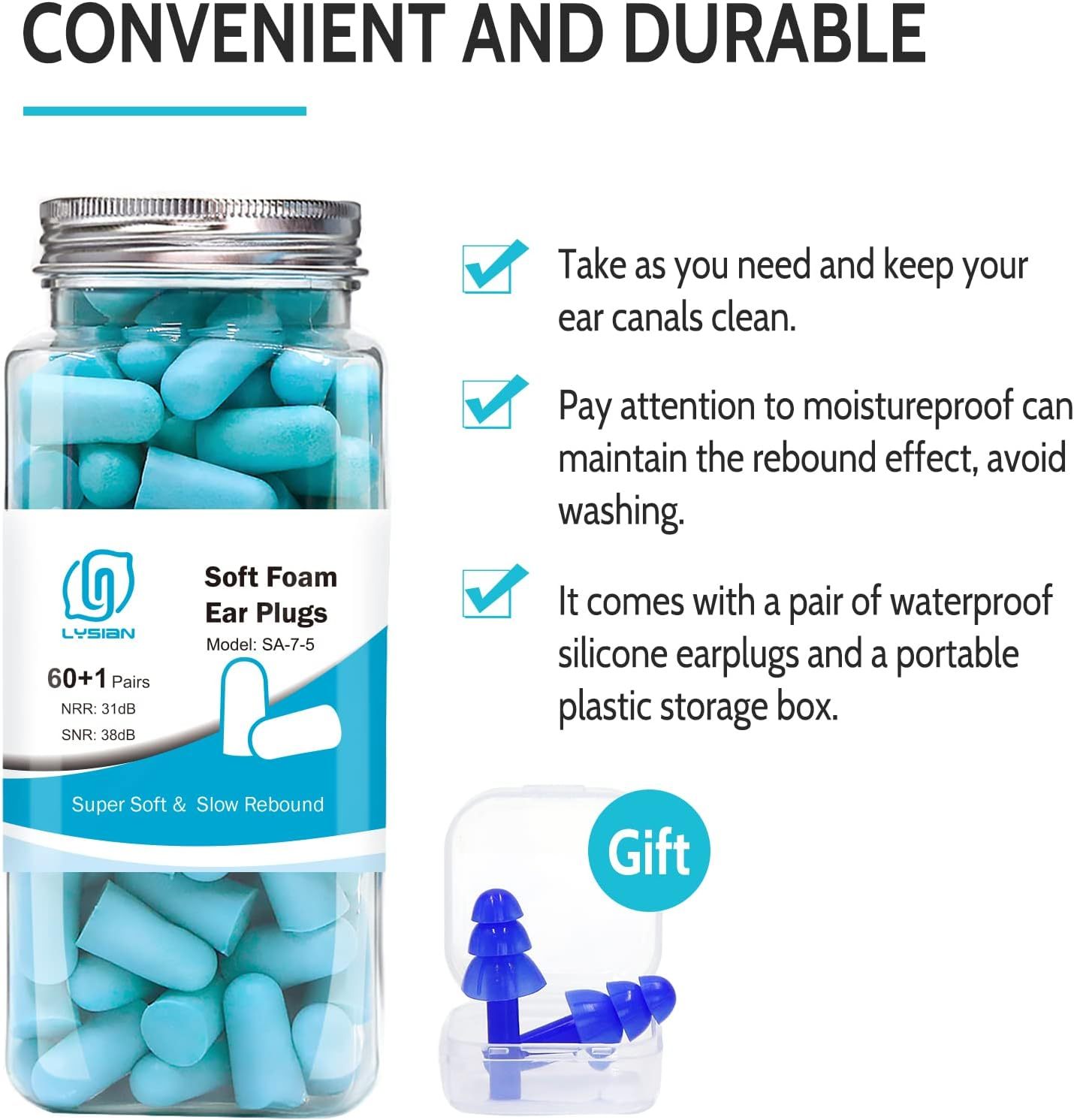 Ultra Soft Foam Earplugs 60 Pairs, 38dB SNR Noise Reduction Ear Plugs for Sleeping, Snoring, Work, Travel, Shooting and All Loud Events, Lysian