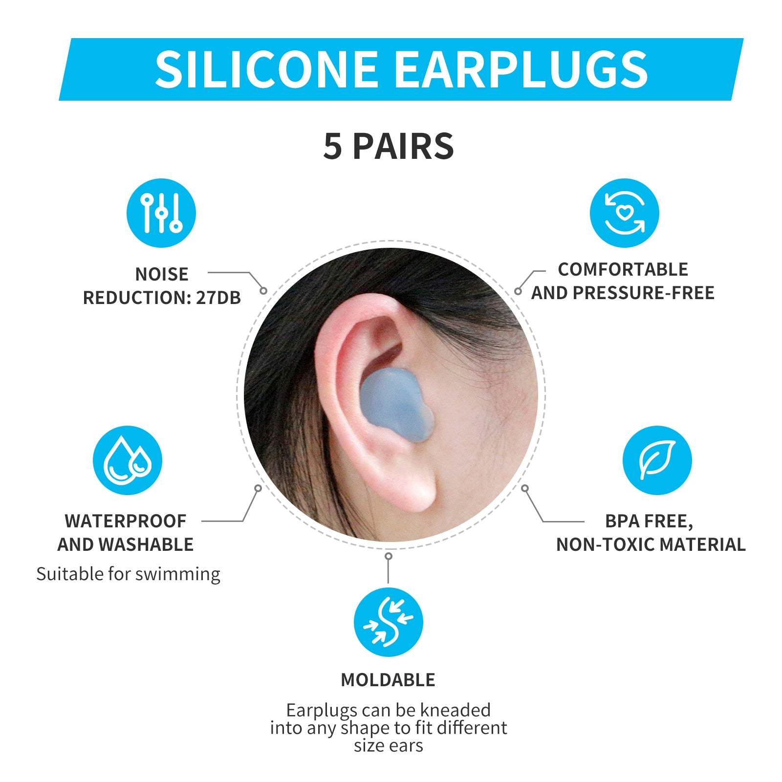 Moldable Soft Ear Plugs for Sleeping, Noise Cancelling and Water Proof Comfy Earplugs for Adult and Kid Water Sports