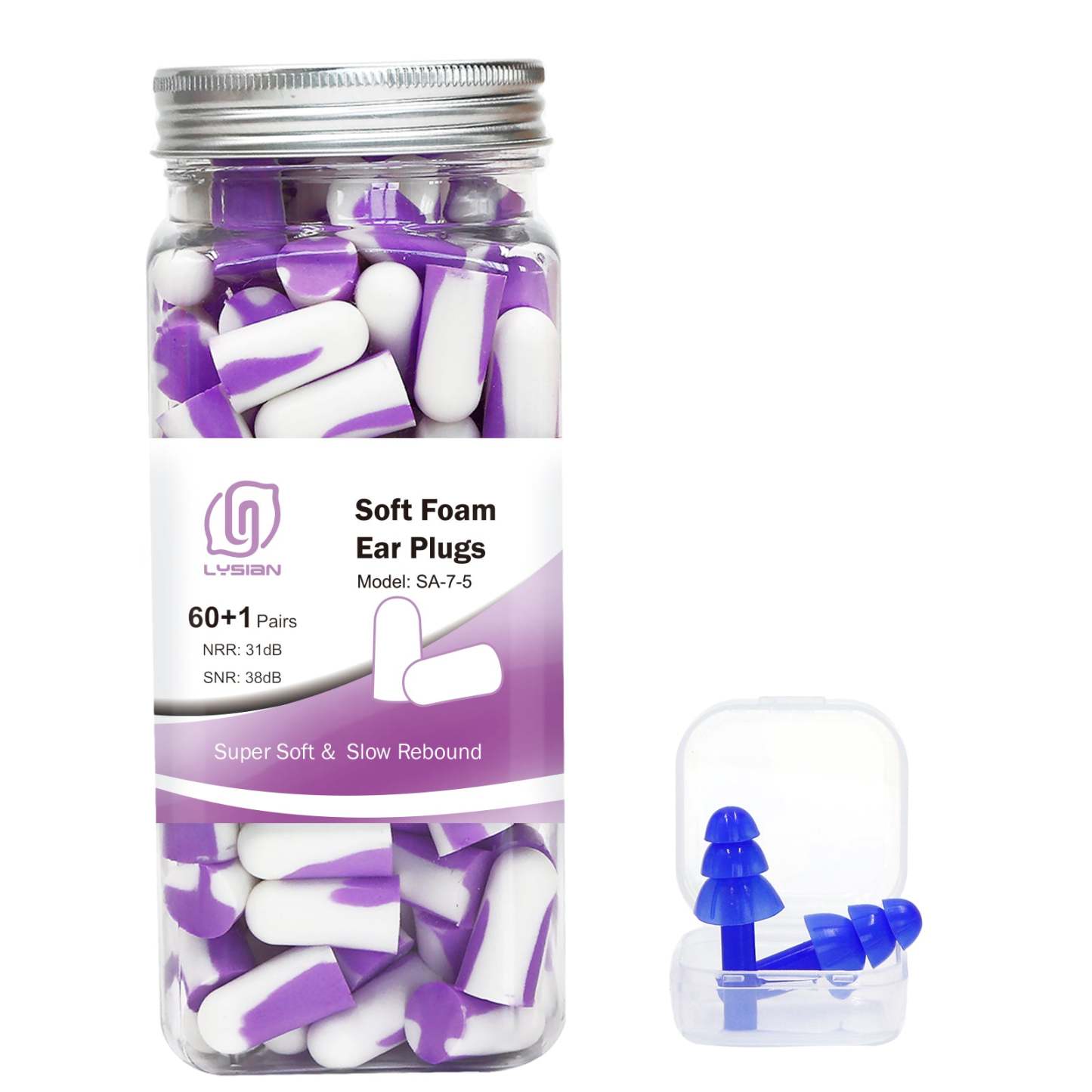 Soft Foam Earplugs 60 Pairs, 38dB SNR Comfortable Ear Plugs for Sleeping, Snoring, Shooting, Mowing, and All Loud Noise