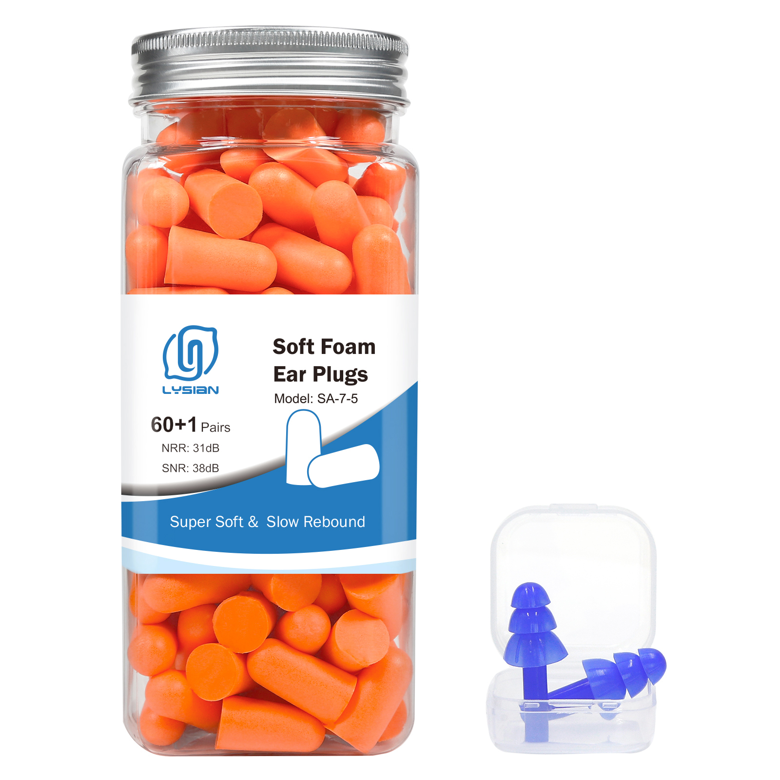 Ultra Soft Foam Earplugs 60 Pairs, 38dB SNR Noise Reduction Ear Plugs for Sleeping, Snoring, Work, Travel, Shooting and All Loud Events, Lysian