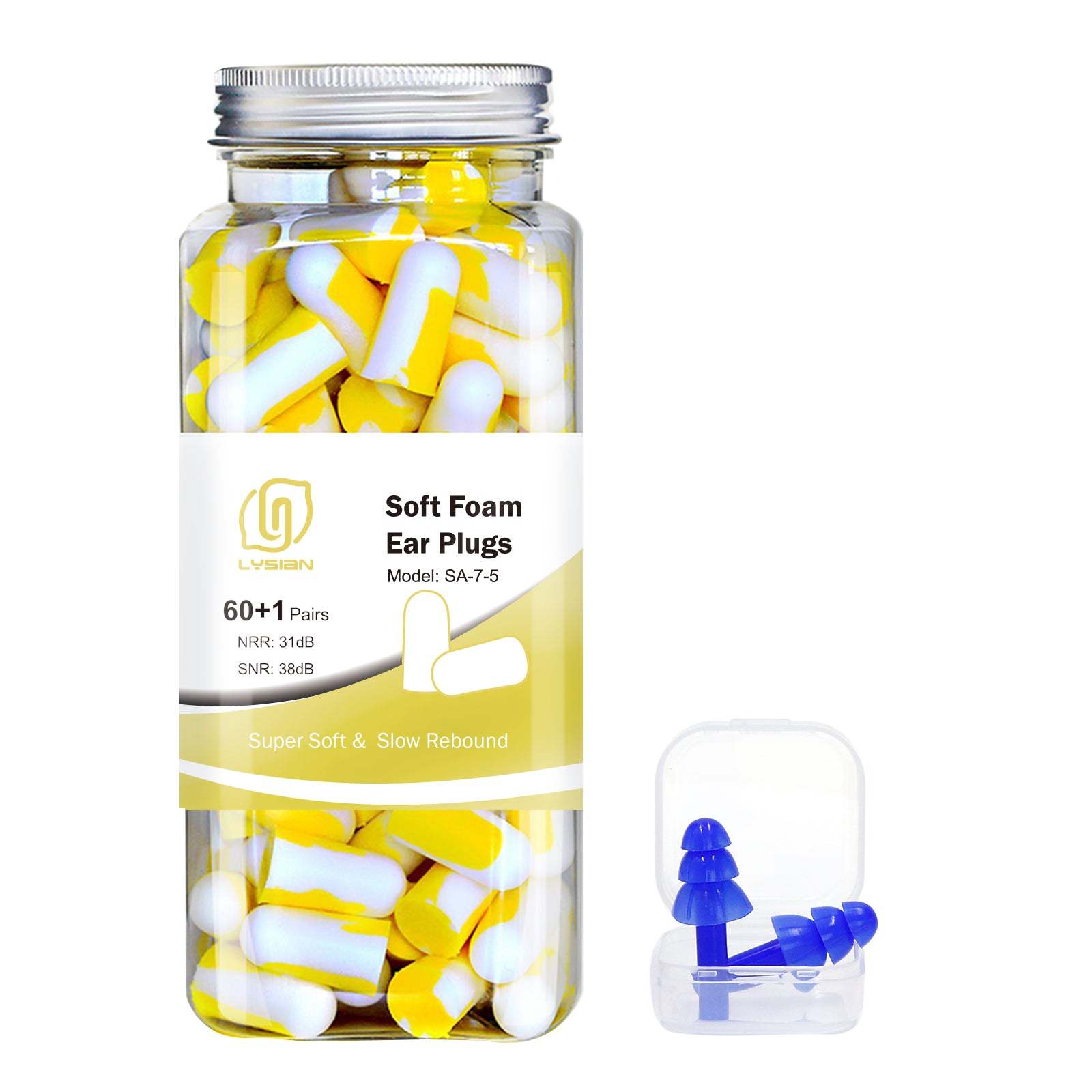 Soft Foam Earplugs 60 Pairs, 38dB SNR Comfortable Ear Plugs for Sleeping, Snoring, Shooting, Mowing, and All Loud Noise