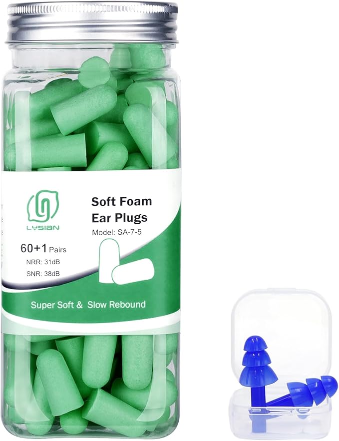 Ultra Soft Foam Earplugs 60 Pairs, 38dB SNR Noise Reduction Ear Plugs for Sleeping, Snoring, Work, Travel, Shooting and All Loud Events, Lysian