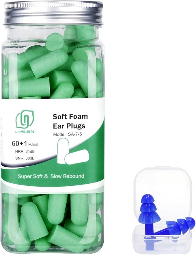 Ultra Soft Foam Earplugs 60 Pairs, 38dB SNR Noise Reduction Ear Plugs for Sleeping, Snoring, Work, Travel, Shooting and All Loud Events, Lysian
