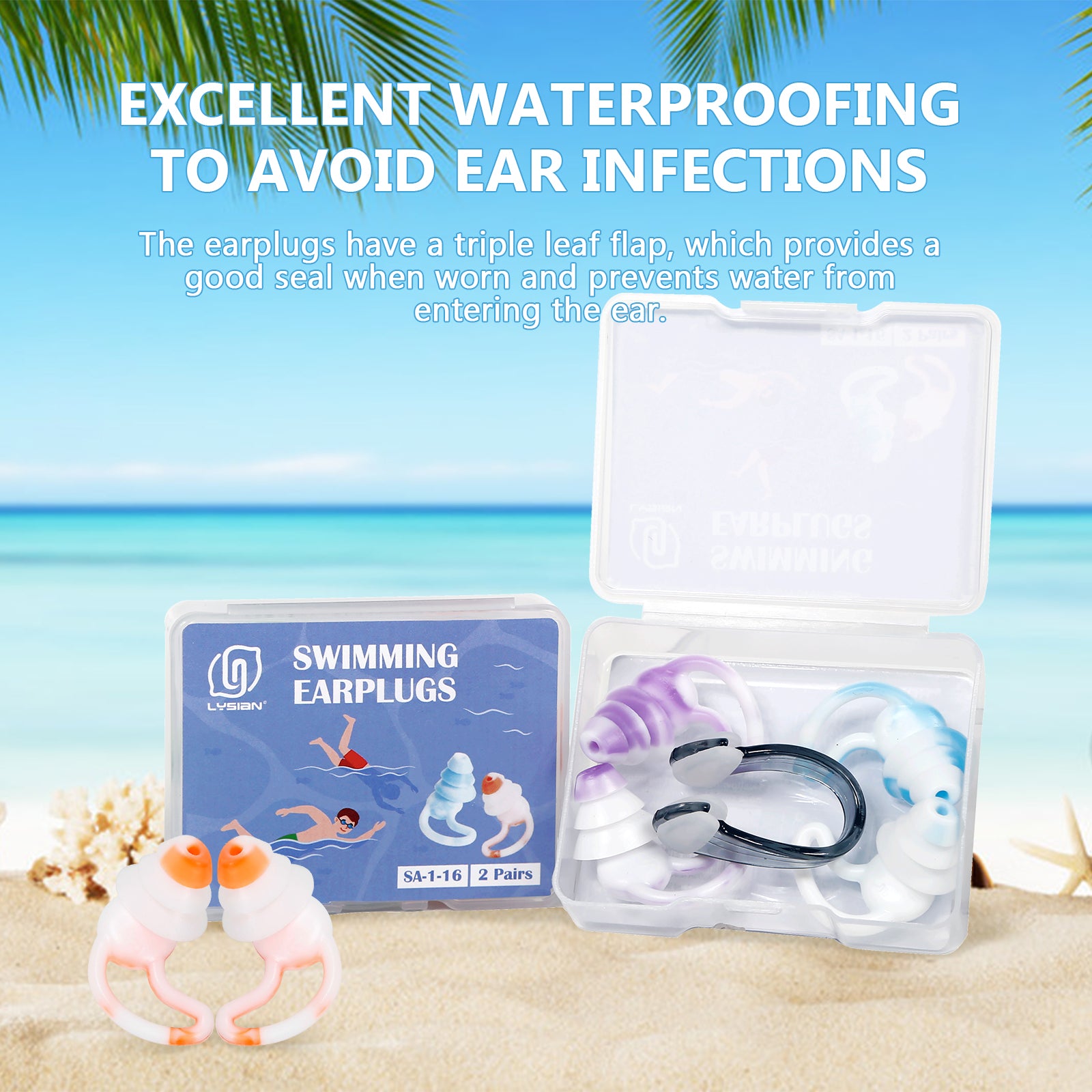 Reusable Earplugs 2 Pairs with Nose Clip, Waterproof Silicone Ear Plugs for Swimming,Showering,Surfing and Sleeping