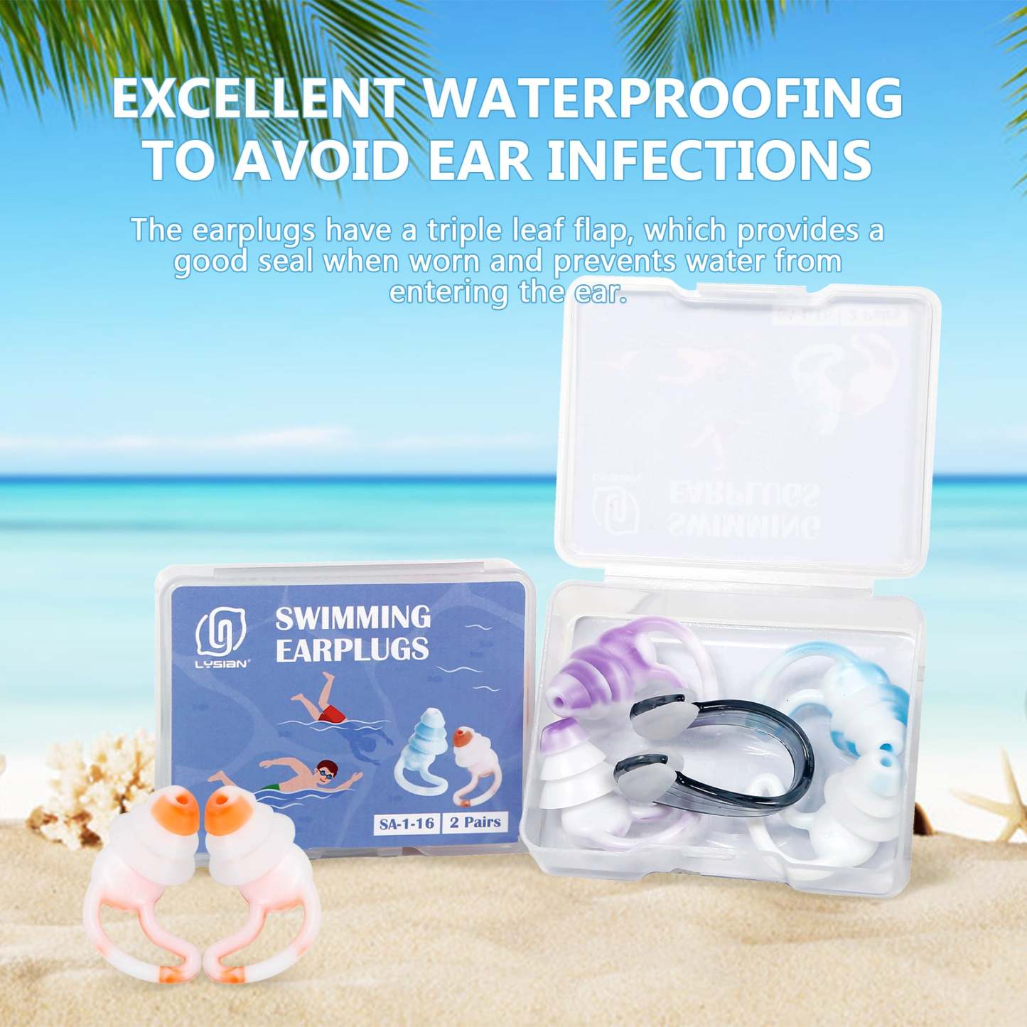 Reusable Earplugs 2 Pairs with Nose Clip, Waterproof Silicone Ear Plugs for Swimming,Showering,Surfing and Sleeping