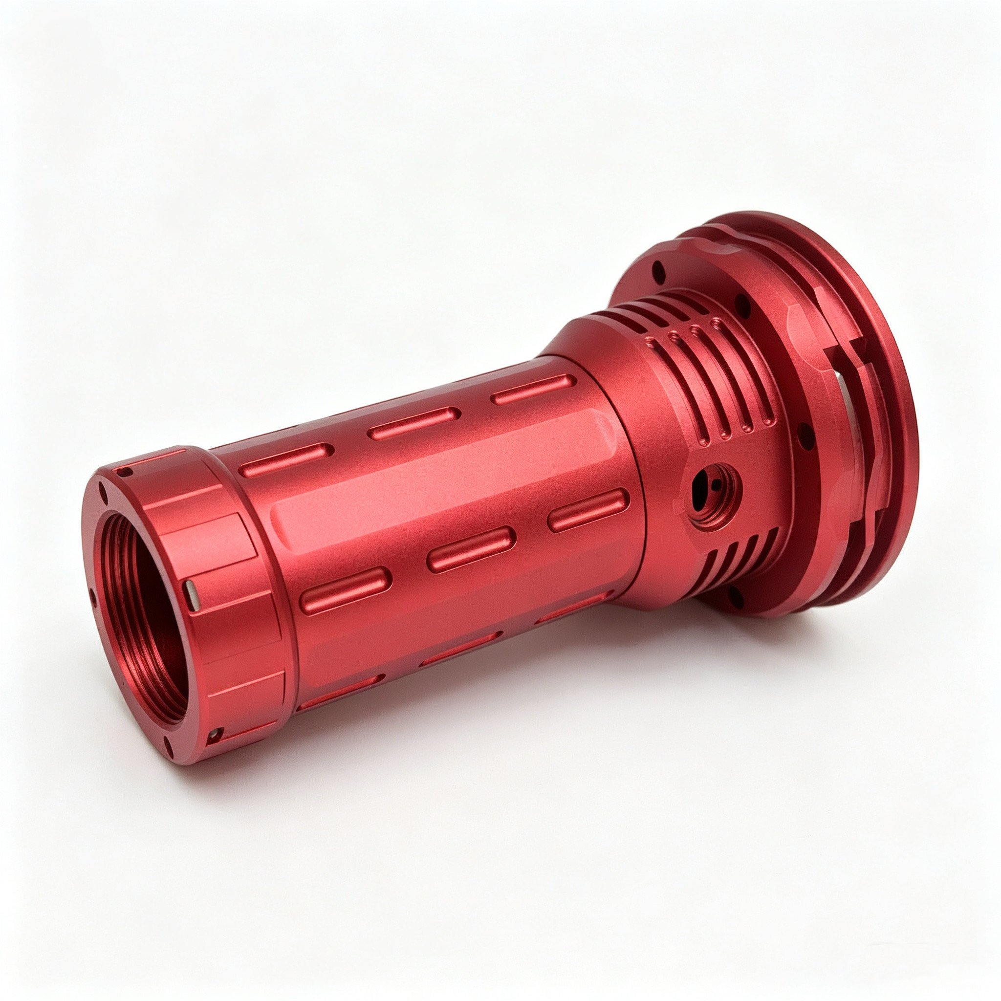 CNC turned aluminum part, red anodized component, precision cylindrical part, custom machined workpiece, aluminum alloy fitting, CNC machining service, anodized aluminum part
