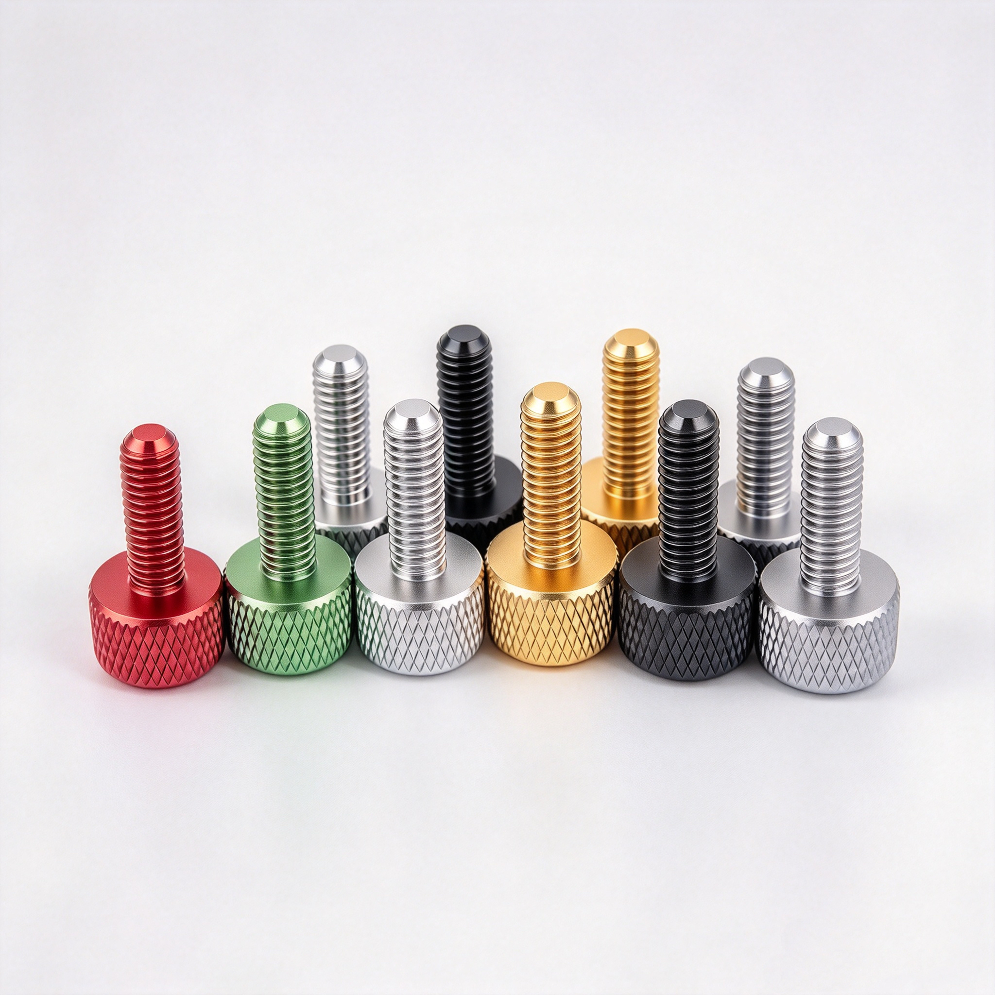 Knurling, knurled screw, colored knurled screw, aluminum knurled thumb screw, precision knurling part, CNC machined part, grinding part, metal fastener, industrial hardware component, mold fixture part，cnc machining service