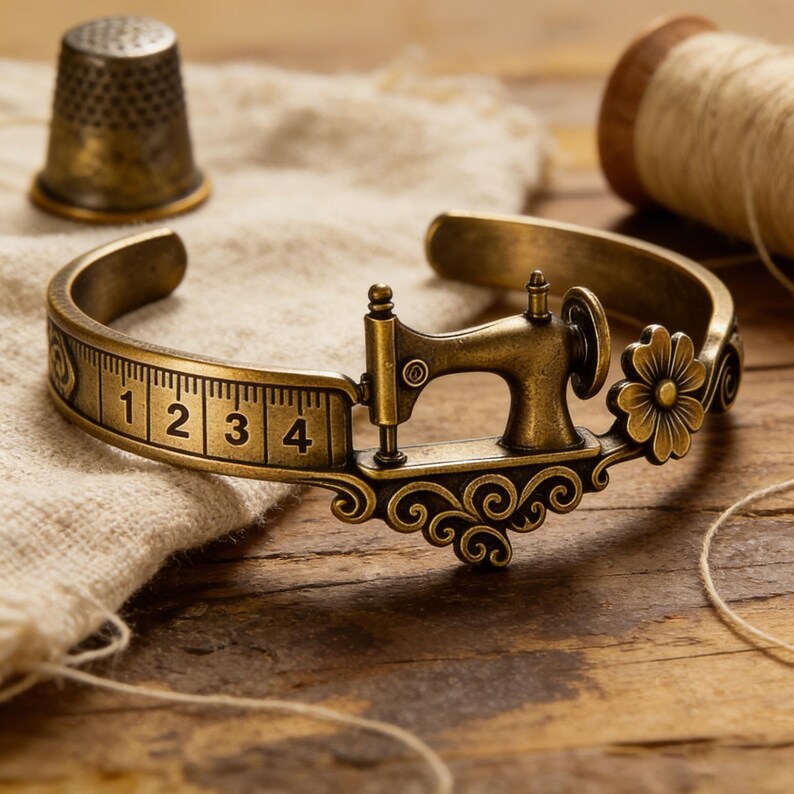 Vintage Sewing Machine Ring with Measuring Tape Band Floral Accent Jewelry Quilters Themed Gift for Sewing Lovers