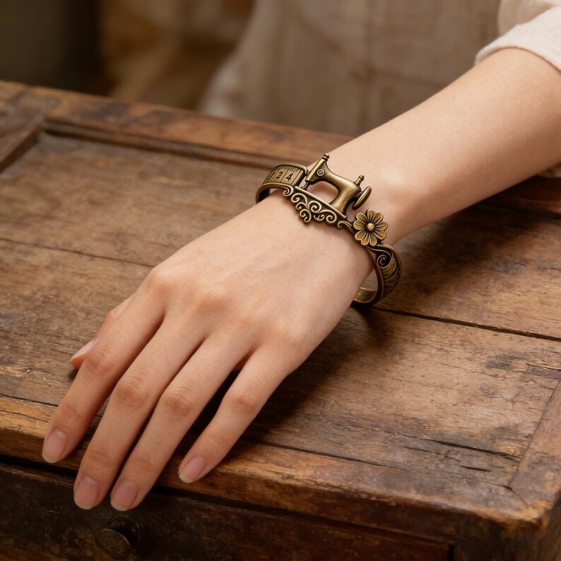 Vintage Sewing Machine Ring with Measuring Tape Band Floral Accent Jewelry Quilters Themed Gift for Sewing Lovers