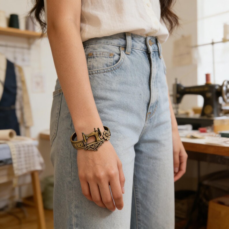 Vintage Sewing Machine Ring with Measuring Tape Band Floral Accent Jewelry Quilters Themed Gift for Sewing Lovers