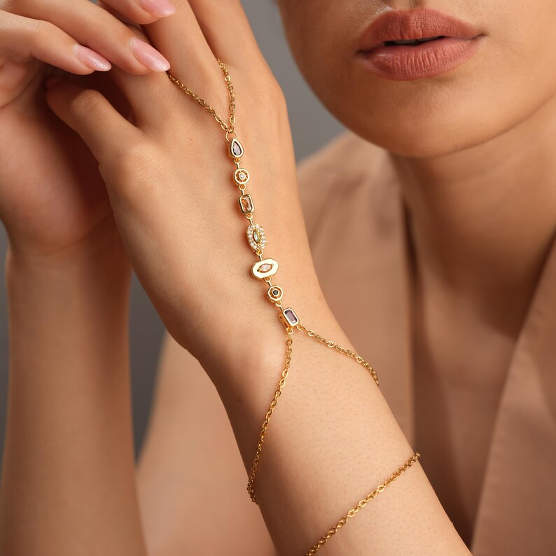 Handmade Artisan Gold-Plated Adjustable Boho 7-Chakra Stone Hand Chain Bracelet - Exquisite, High-Quality Artificial Gemstone Jewelry for Birthday, Wedding Occasions