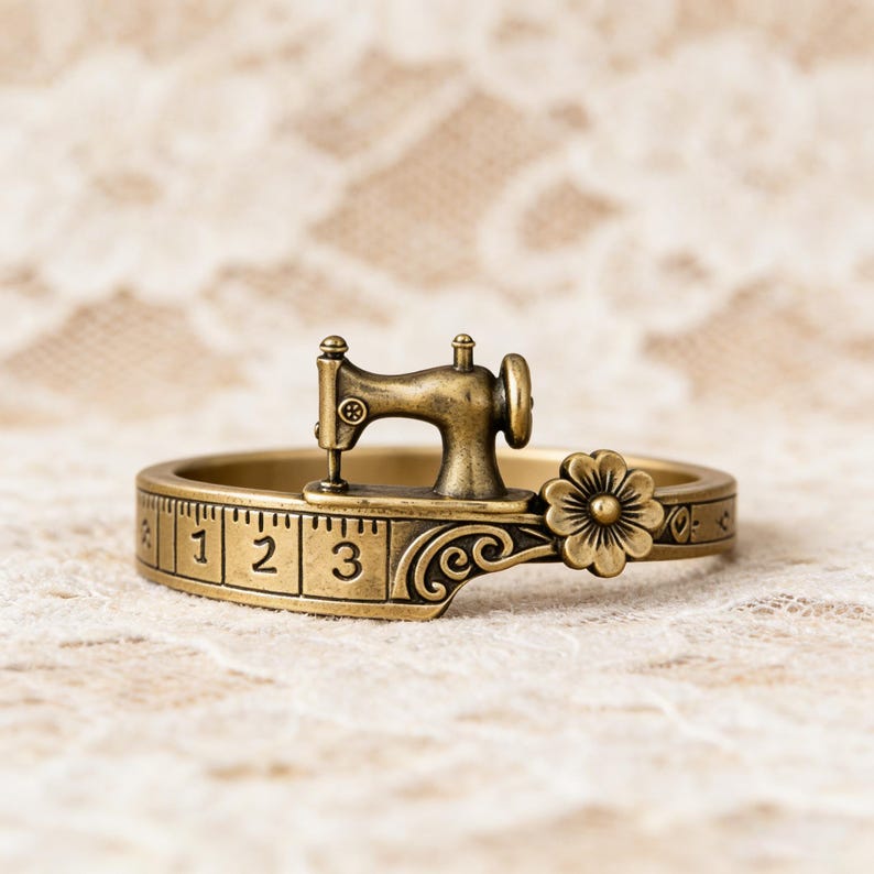 Vintage Sewing Machine Ring with Measuring Tape Band Floral Accent Jewelry Quilters Themed Gift for Sewing Lovers