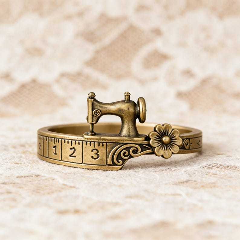 Vintage Sewing Machine Ring with Measuring Tape Band Floral Accent Jewelry Quilters Themed Gift for Sewing Lovers