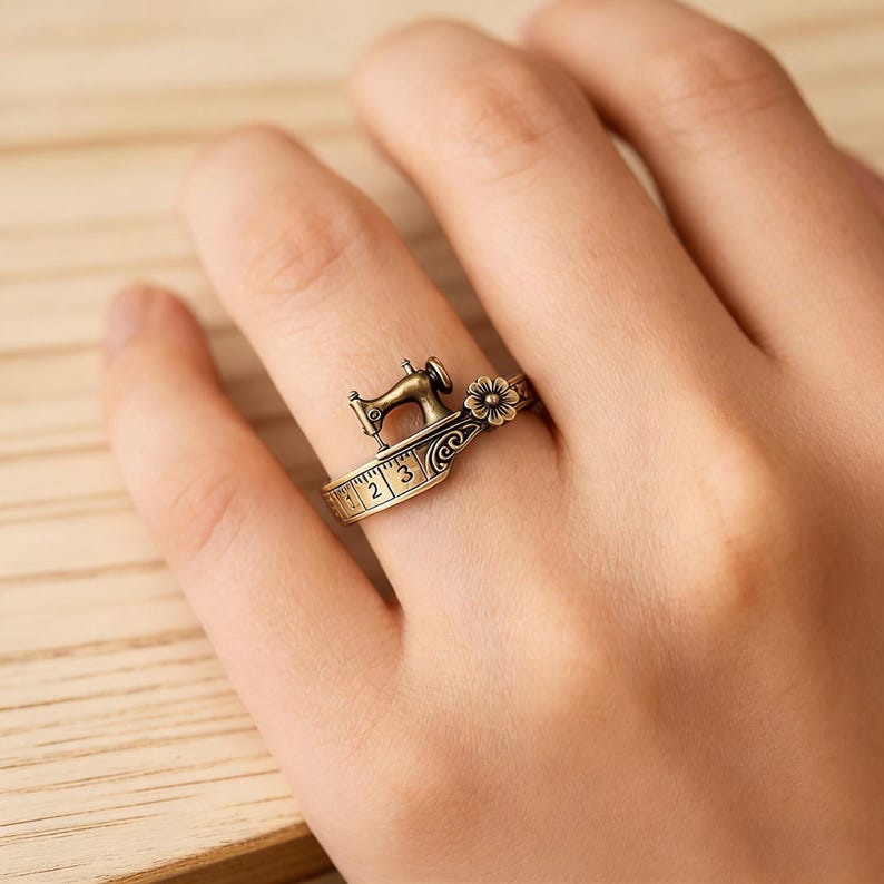 Vintage Sewing Machine Ring with Measuring Tape Band Floral Accent Jewelry Quilters Themed Gift for Sewing Lovers