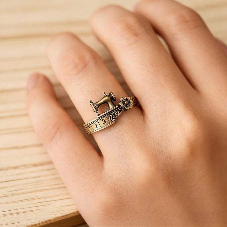 Vintage Sewing Machine Ring with Measuring Tape Band Floral Accent Jewelry Quilters Themed Gift for Sewing Lovers