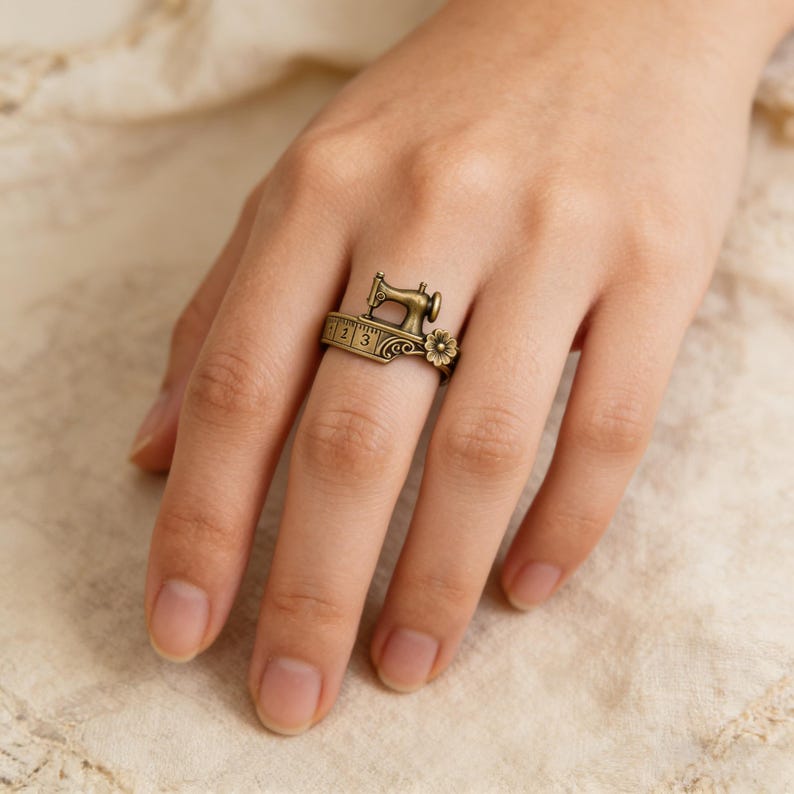 Vintage Sewing Machine Ring with Measuring Tape Band Floral Accent Jewelry Quilters Themed Gift for Sewing Lovers