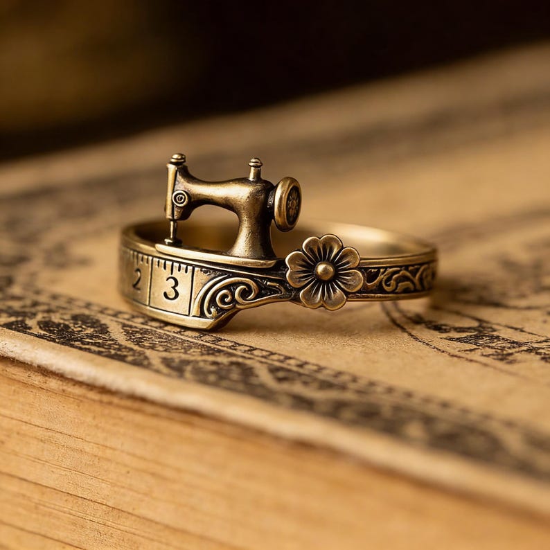 Vintage Sewing Machine Ring with Measuring Tape Band Floral Accent Jewelry Quilters Themed Gift for Sewing Lovers