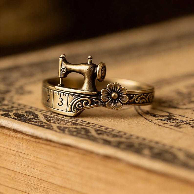 Vintage Sewing Machine Ring with Measuring Tape Band Floral Accent Jewelry Quilters Themed Gift for Sewing Lovers