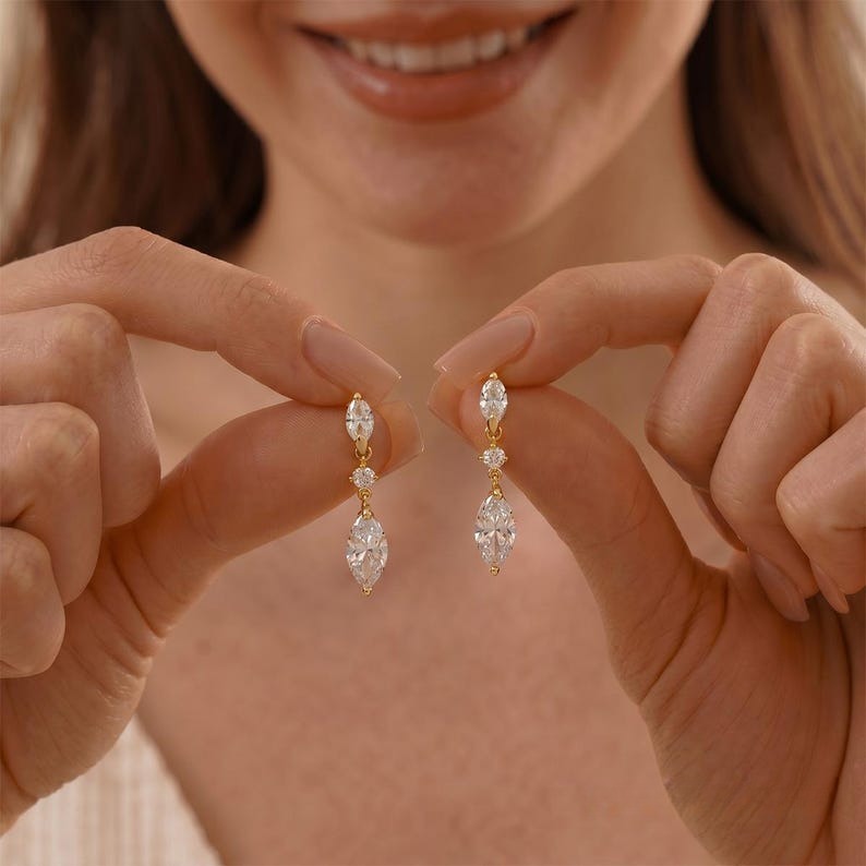 Marquise CZ Drop Earrings Dainty Dangle Minimalist Bridal Wedding Earrings Bridesmaid Mom Gift for Her