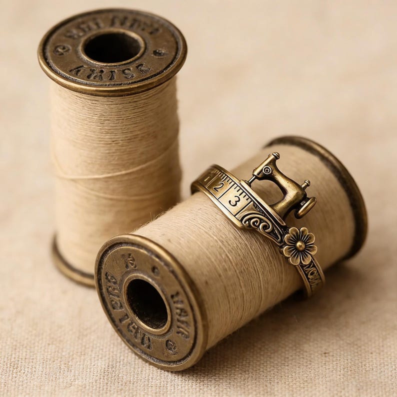 Vintage Sewing Machine Ring with Measuring Tape Band Floral Accent Jewelry Quilters Themed Gift for Sewing Lovers