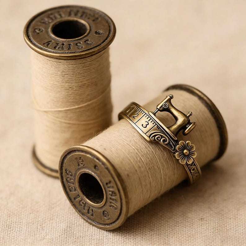 Vintage Sewing Machine Ring with Measuring Tape Band Floral Accent Jewelry Quilters Themed Gift for Sewing Lovers