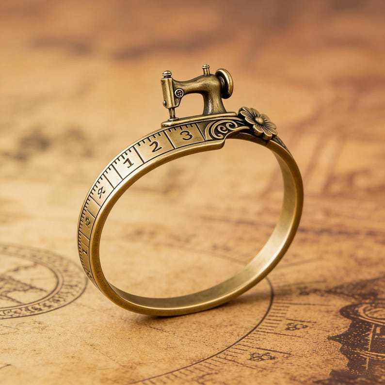 Vintage Sewing Machine Ring with Measuring Tape Band Floral Accent Jewelry Quilters Themed Gift for Sewing Lovers