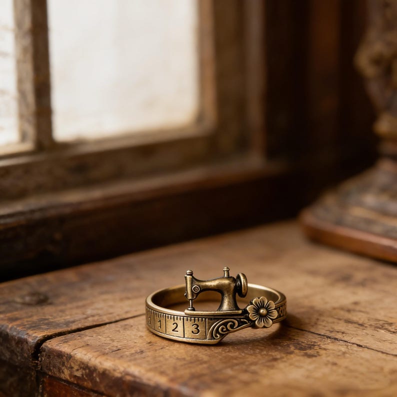 Vintage Sewing Machine Ring with Measuring Tape Band Floral Accent Jewelry Quilters Themed Gift for Sewing Lovers